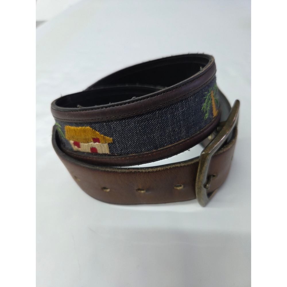 Handmade in Haiti Leather Tropical Embroidered Belt Brown Navy S 30-32 8078 2